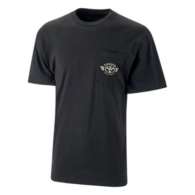 Black pocket tee with Toyota Bug with wings printed on pocket. Toyota printed above bug, Originals printed below.