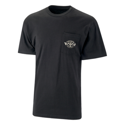 Black pocket tee with Toyota Bug with wings printed on pocket. Toyota printed above bug, Originals printed below.