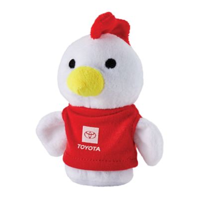 Small stuffed rooster with Toyota logo printed in white on red t-shirt.