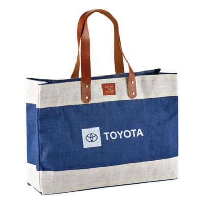 Blue Jute Tote with Toyota logo screen pinted in white on front.