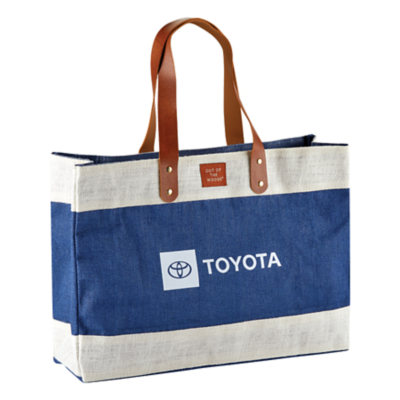 Blue Jute Tote with Toyota logo screen pinted in white on front.