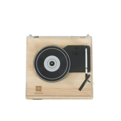Blueooth record player with natural wooden base and clear lid. Crosley branding on front speaker. Toyota bug laser engraved on top left side of record player.