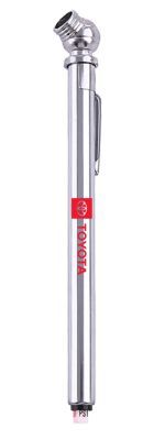Metallic tire pressure gauge with a side clip, featuring the Toyota logo and name printed in red on the body