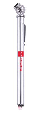 Metallic tire pressure gauge with a side clip, featuring the Toyota logo and name printed in red on the body