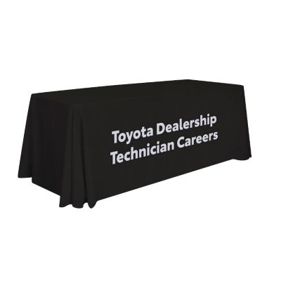 Black table with a black tablecloth displaying the text 'Toyota Dealership Technician Careers' in white letters