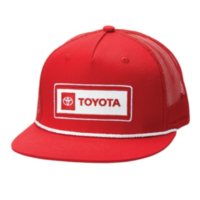 A red trucker hat with white rope detail above the brim and a mesh back and a white patch featuring the Toyota logo
