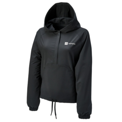 A black hooded jacket with a half-zip front, featuring the Toyota logo on the left chest. The jacket has long sleeves with elastic cuffs and a drawstring hem