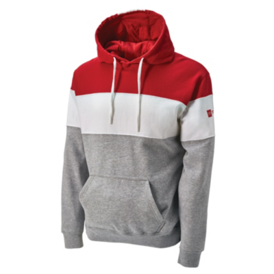 A hooded sweatshirt with a red top, white stripe across the chest, and gray bottom with a kangaroo pocket. Toyota logo and TOYOTA on the sleeve in red