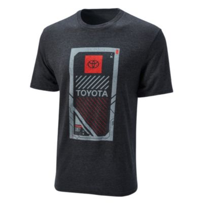 A dark gray T-shirt featuring a graphic design on the front. The design includes a red and white Toyota logo at the top, followed by the word TOYOTA in bold white letters.