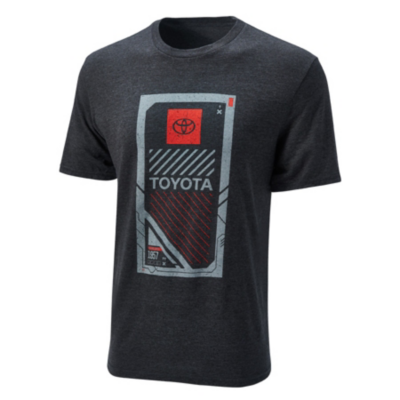 A dark gray T-shirt featuring a graphic design on the front. The design includes a red and white Toyota logo at the top, followed by the word TOYOTA in bold white letters.