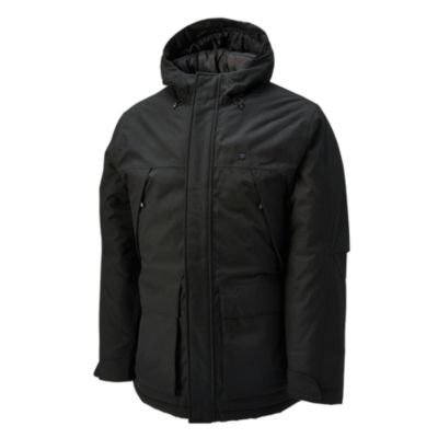 A black winter jacket with a hood, featuring a front zipper closure covered by a flap with snap buttons. The jacket has two chest pockets with zippers and two large lower pockets with flaps. Toyota logo embroidered left chest.