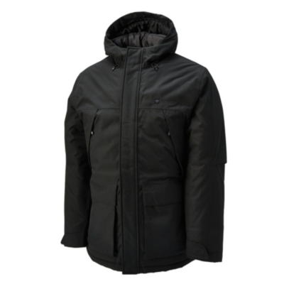 A black winter jacket with a hood, featuring a front zipper closure covered by a flap with snap buttons. The jacket has two chest pockets with zippers and two large lower pockets with flaps. Toyota logo embroidered left chest.