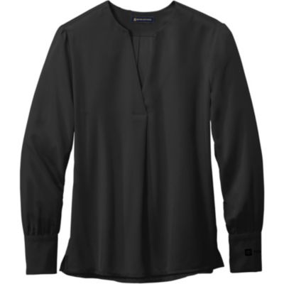 A black, long-sleeved blouse with a V-neckline and a relaxed fit. The blouse has subtle pleating at the shoulders and cuffs, giving it a slightly tailored look. Toyota logo embroidered left cuff
