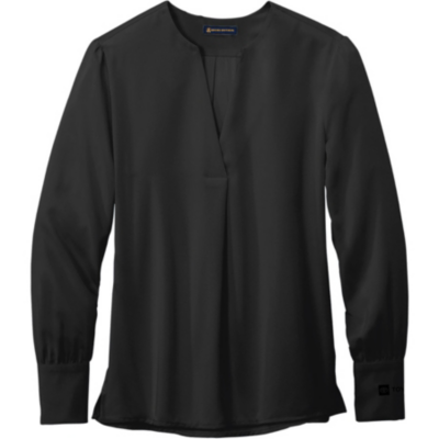 A black, long-sleeved blouse with a V-neckline and a relaxed fit. The blouse has subtle pleating at the shoulders and cuffs, giving it a slightly tailored look. Toyota logo embroidered left cuff