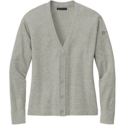 A light gray, long-sleeve cardigan sweater with a V-neckline and five buttons down the front. Toyota logo in black embroidered left bicep.
