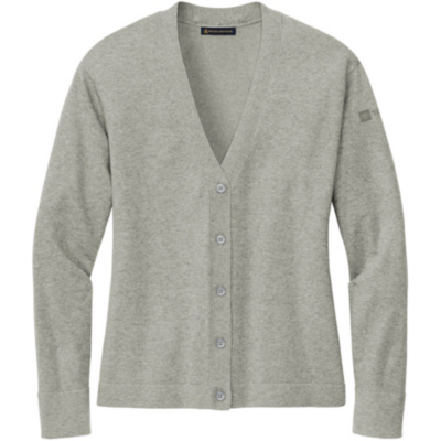 A light gray, long-sleeve cardigan sweater with a V-neckline and five buttons down the front. Toyota logo in black embroidered left bicep.
