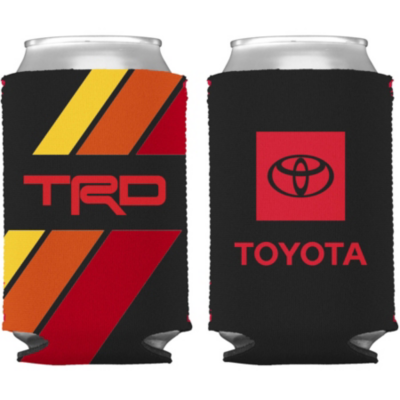 The image shows two black can coolers. The left cooler has diagonal stripes in yellow, orange, and red with the letters 'TRD' in red. The right cooler features a red square with the Toyota logo above the word 'TOYOTA' in red