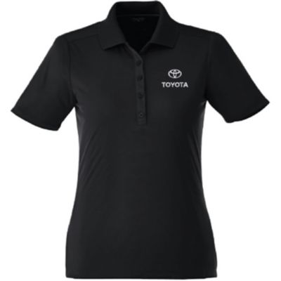 A black short-sleeve polo shirt with a collar and three buttons. The shirt features the Toyota logo and the word TOYOTA embroidered in white on the left chest area