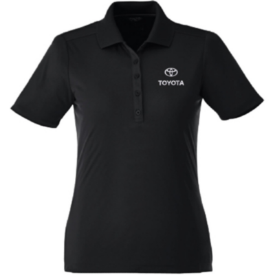 A black short-sleeve polo shirt with a collar and three buttons. The shirt features the Toyota logo and the word TOYOTA embroidered in white on the left chest area
