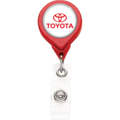 Red badge reel with Toyota logo printed in red on front