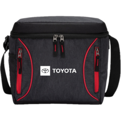 Black cooler bag with red accents. Toyota logo printed in white on front