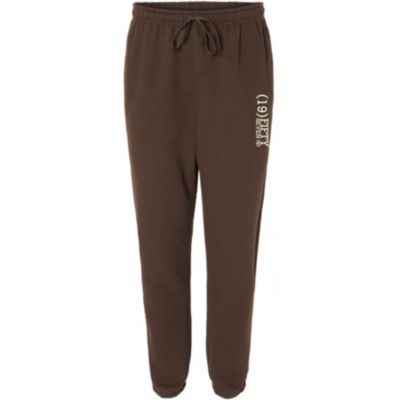 Brown joggers with 1957 and Toyota bug printed in light tan on hip