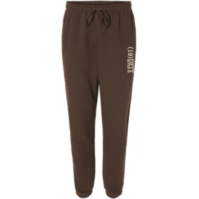 Brown joggers with 1957 and Toyota bug printed in light tan on hip