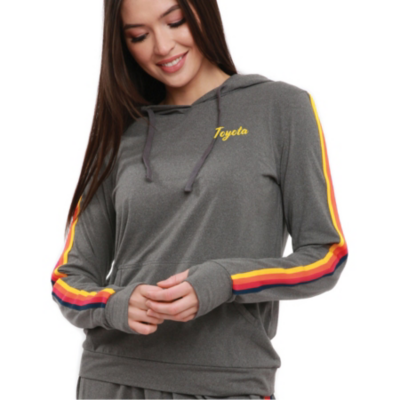 Grey hoodie with colorful stripes down the arms, toyota printed in yellow script font on left chest