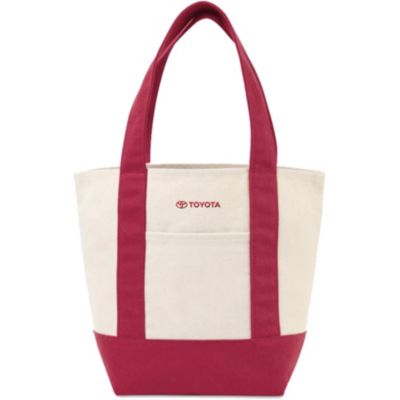 Canvas tote with red handle. Toyota logo embroidered in red at top