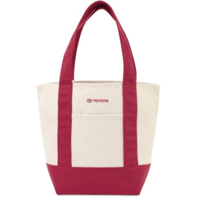 Canvas tote with red handle. Toyota logo embroidered in red at top