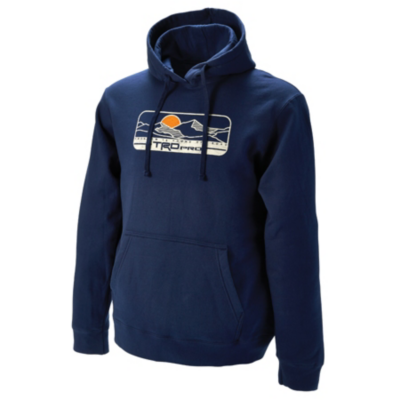 A navy blue hooded sweatshirt with a front pocket and drawstrings. The sweatshirt features a rectangular graphic on the chest depicting mountains, trees, and a sun with the text 'Life is Good' below the image