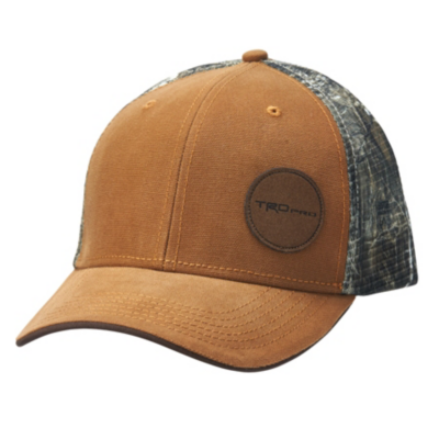 Black mesh back cap with TRD pro on camo patch, front left