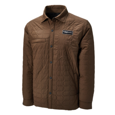  brown quilted jacket with a button-up front and a collar. The jacket has a chest pocket on the left side and an embroidered patch on the right chest area that reads 'TRD PRO.' 