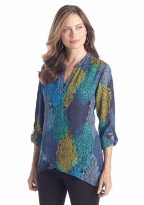 Kim Rogers® Studded Sheer Paisley Printed Blouse with Tank