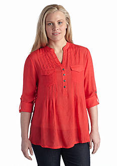 New Directions Plus Size Split Neck Roll Tab Blouse
