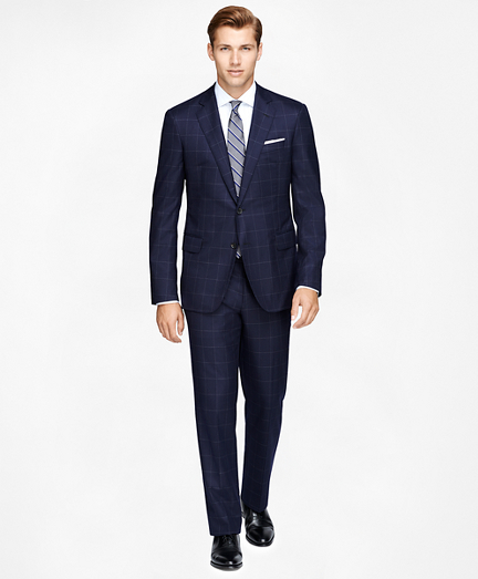 Men's Slim Fit Three-Piece Navy Blue Windowpane Suit | Brooks Brothers