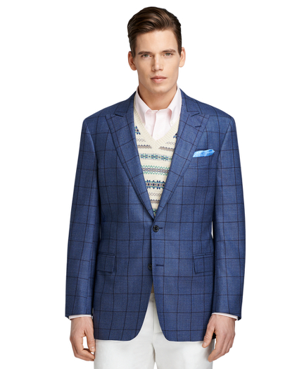 Men's Regent Fit Blue Windowpane Peak Lapel Saxxon Wool Sport Coat