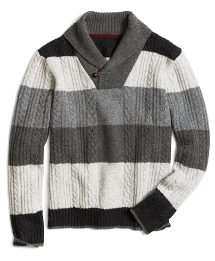 Lambswool Striped Cable Knit Shawl Collar Sweater - Brooks Brothers