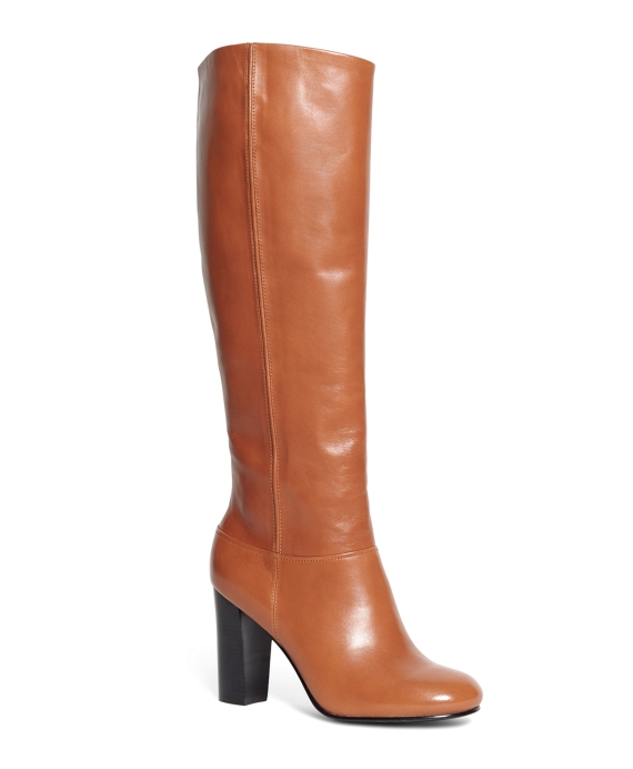 Women's Tall Cognac Leather Stacked Heel Boots | Brooks Brothers