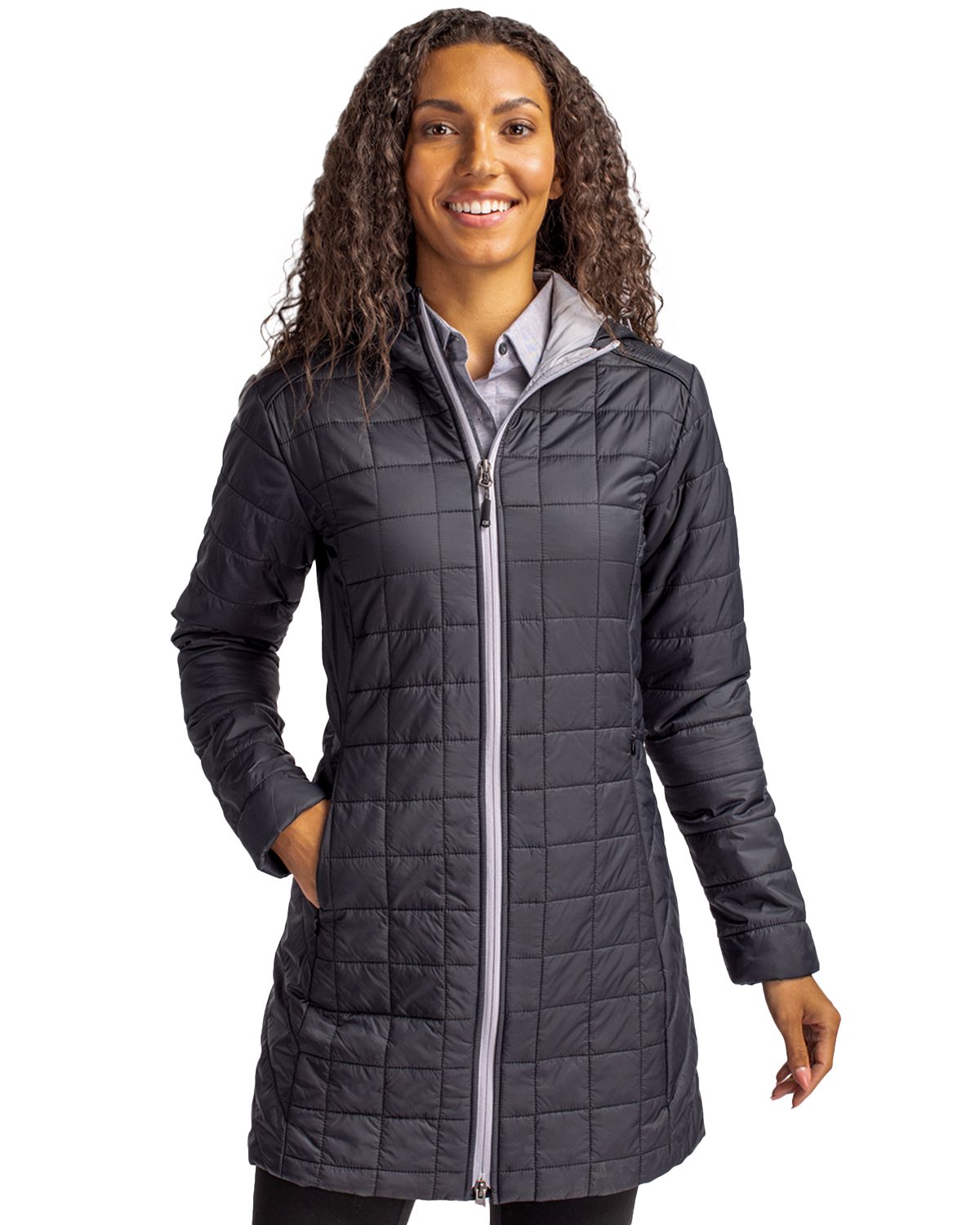 Cutter & Buck Rainier Recycled Insulated Puffer Womens Full Zip Hooded Long Coat 53