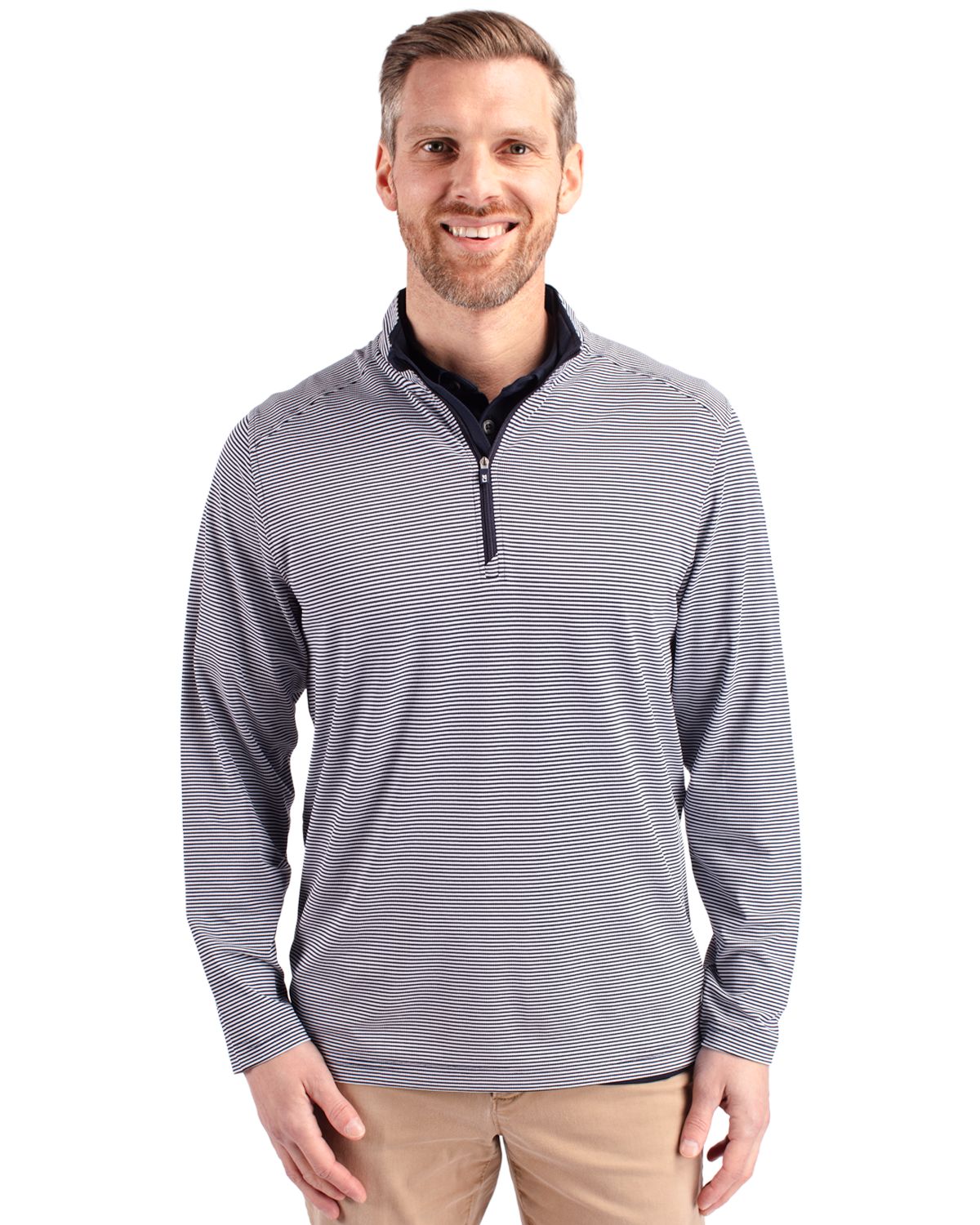 Cutter & Buck Virtue Recycled Micro Stripe Featherlight Pique Mens Quarter Zip Pullover 73