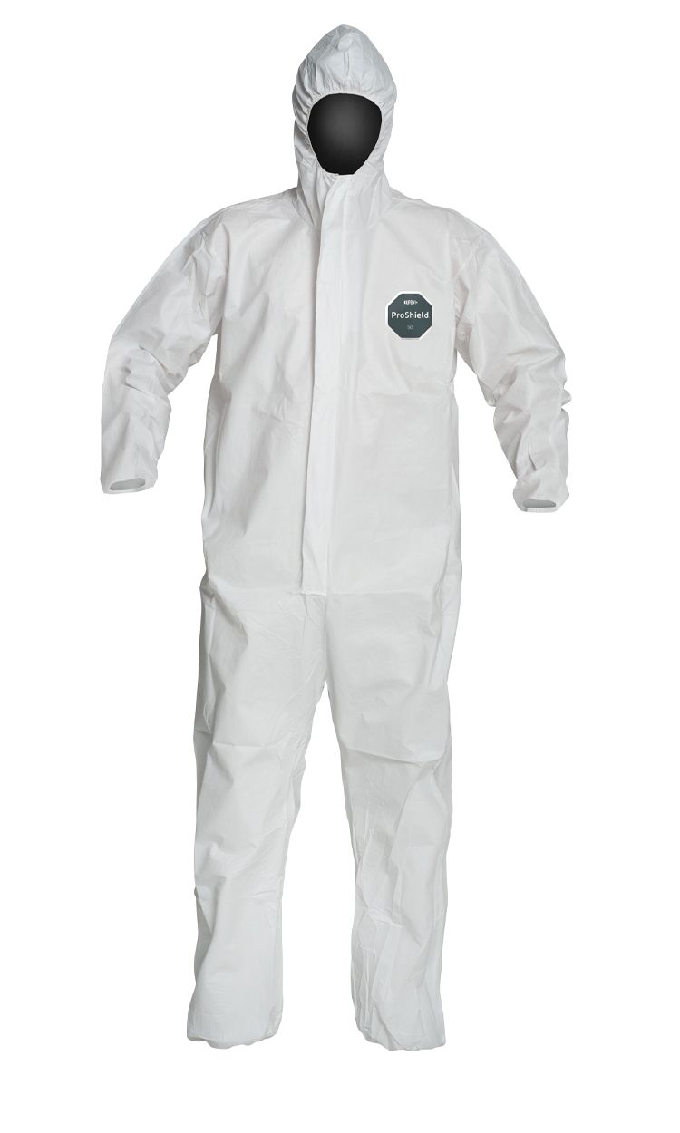 Dupont Proshield FR – Combinaison Blanche Capuche, Taille M – Anti-particules, Résistante Aux éclaboussures – Coutures Orange