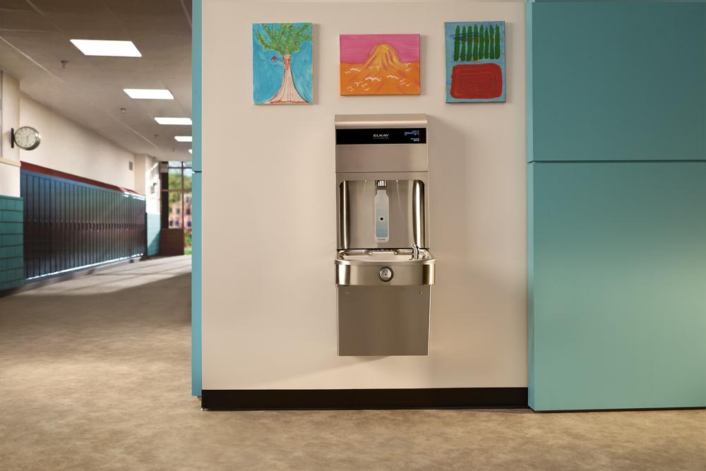Elkay Pro Filtration Bottle Filler in Stainless Steel in School Hallway