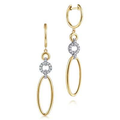 14K Yellow-White Gold Long Multi Link Diamond Huggie Drop Earrings ...