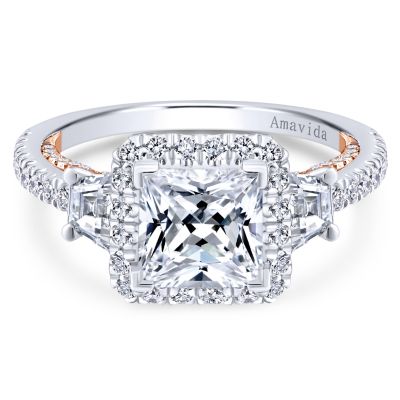 18K White-Rose Gold Princess Halo Three Stone Diamond Engagement Ring ...