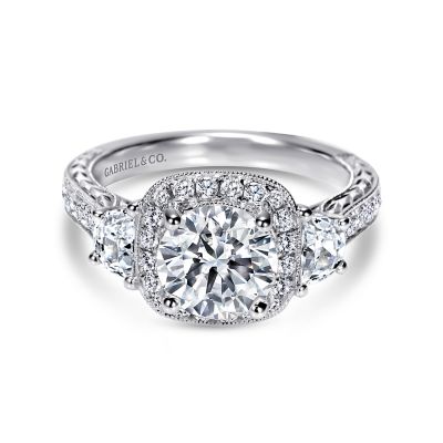 Vintage Inspired 14K White Gold Round Halo Diamond Engagement Ring ...