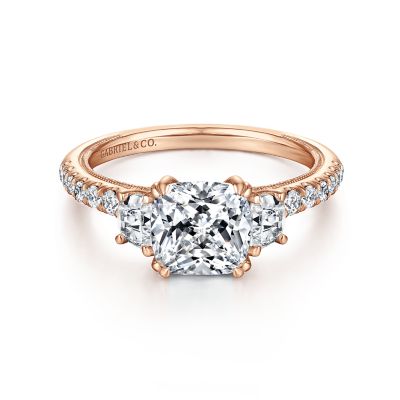 Vintage Inspired 14K Rose Gold Cushion Cut Three Stone Diamond ...