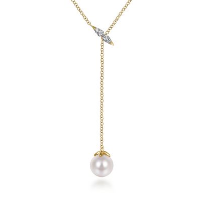 14K Yellow Gold Diamond And Pearl Y Knot Necklace | NK5963Y45PL