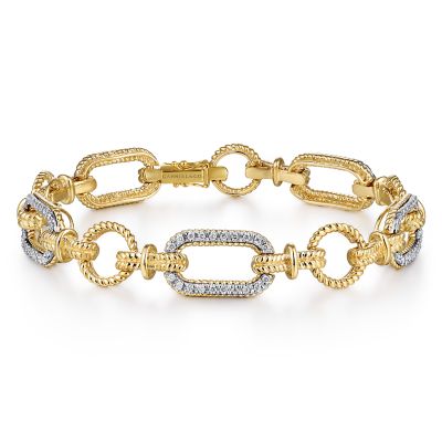14K Yellow and White Gold Diamond Bracelet with Alternating Links ...
