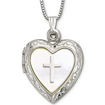 Mother-of-Pearl Heart & Cross Locket Pendant Necklace